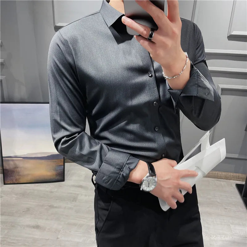 Threebooy British Style Men High-Grade Long-Sleeve Shirts/Male Slim Fit Business Casual Lapel Shirt Dress Shirt Tops Plus Size S-4XL