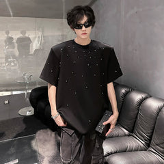 Threebooy  Metal Pearl Embellished Men Round Neck Cotton Tshirt man Breathable Comfort Casual Trendy Tee Top Fashion Loose Fit Plain