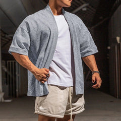 Threebooy  Summer New Men's Solid Color Short-Sleeved Cardigan American Fashion Trend Casual Simple Loose Breathable Sports Men's Tops