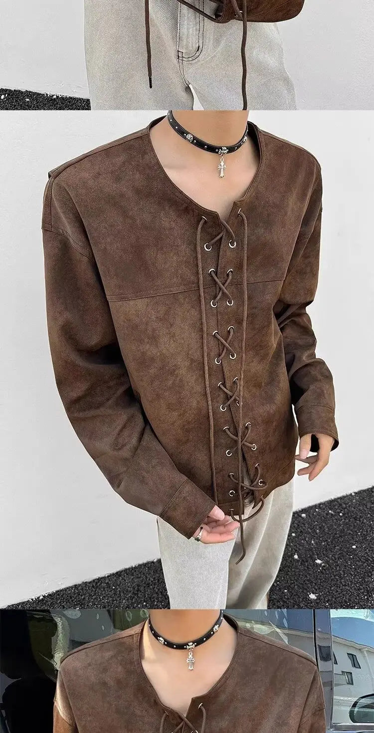 Threebooy Drawstring Double-breasted Shirt Back Fly Design Top American Retro Brown Motorcycle Leather Jacket Women Men's Jacket
