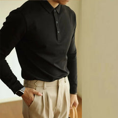 Threebooy  New American Retro Men Polo Shirt Light Luxury Solid Color Slim-fit Commuting Long Sleeve T-shirt Leisure Business Pullover Tops