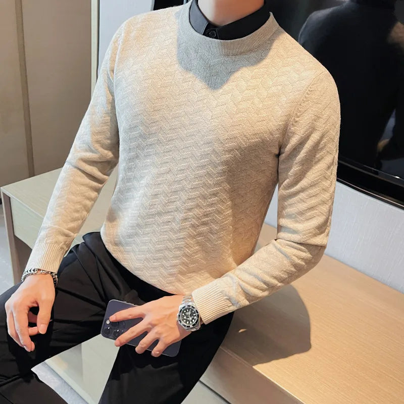 Threebooy Clothing Men's Autumn and Winter Warm Knit Sweater Fake 2 Pieces Shirt Collar Fashion Pullover Man Slim Fit Casual Sweater