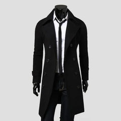 Threebooy Autumn Winter Men Long Trench Coat Double-breasted Solid Color Simple Mid-Length Windproof Thick British Fashion Slim Jacket