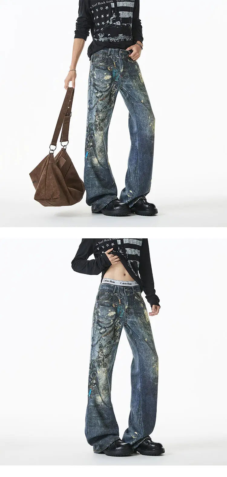 Threebooy Jean Men Unique Design Graffiti Street Style Drag Jeans Urban Trendy Fashion Distressed Long Fit Casual Denim Pants Edgy Hip Hop