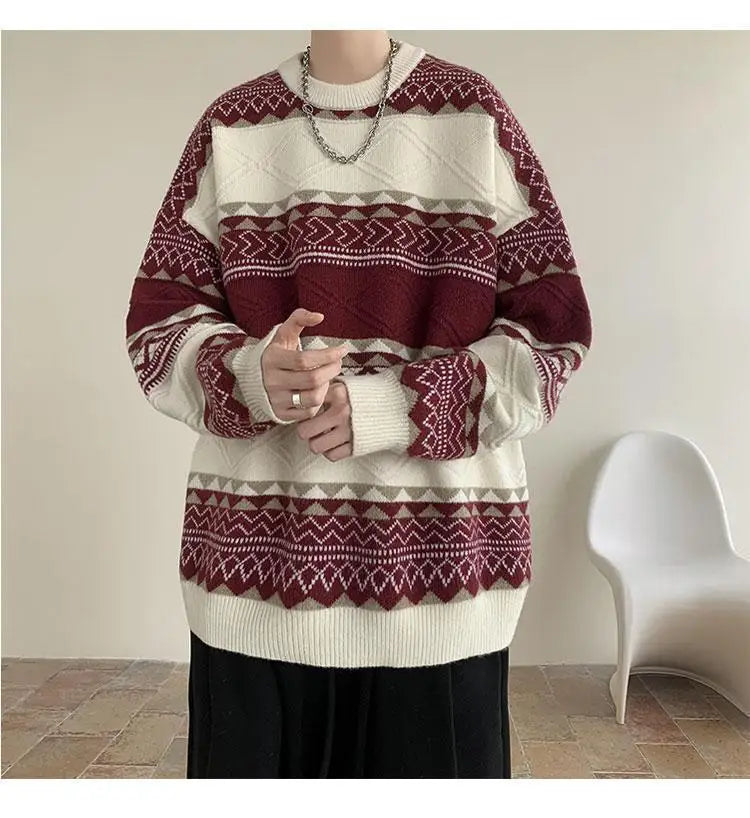 Threebooy Autumn and Winter Round Neck Sweater for Men Casual Trendy Brand Streamer Lazy Style Contrast Striped Knitted Sweater