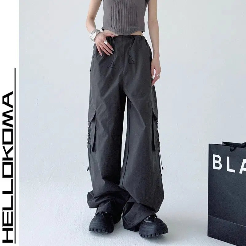 Threebooy  Workwear Pants Men's Japanese Retro Loose Wide-leg Straight Pants Design Sense Casual Drawstring Trousers Big Pockets