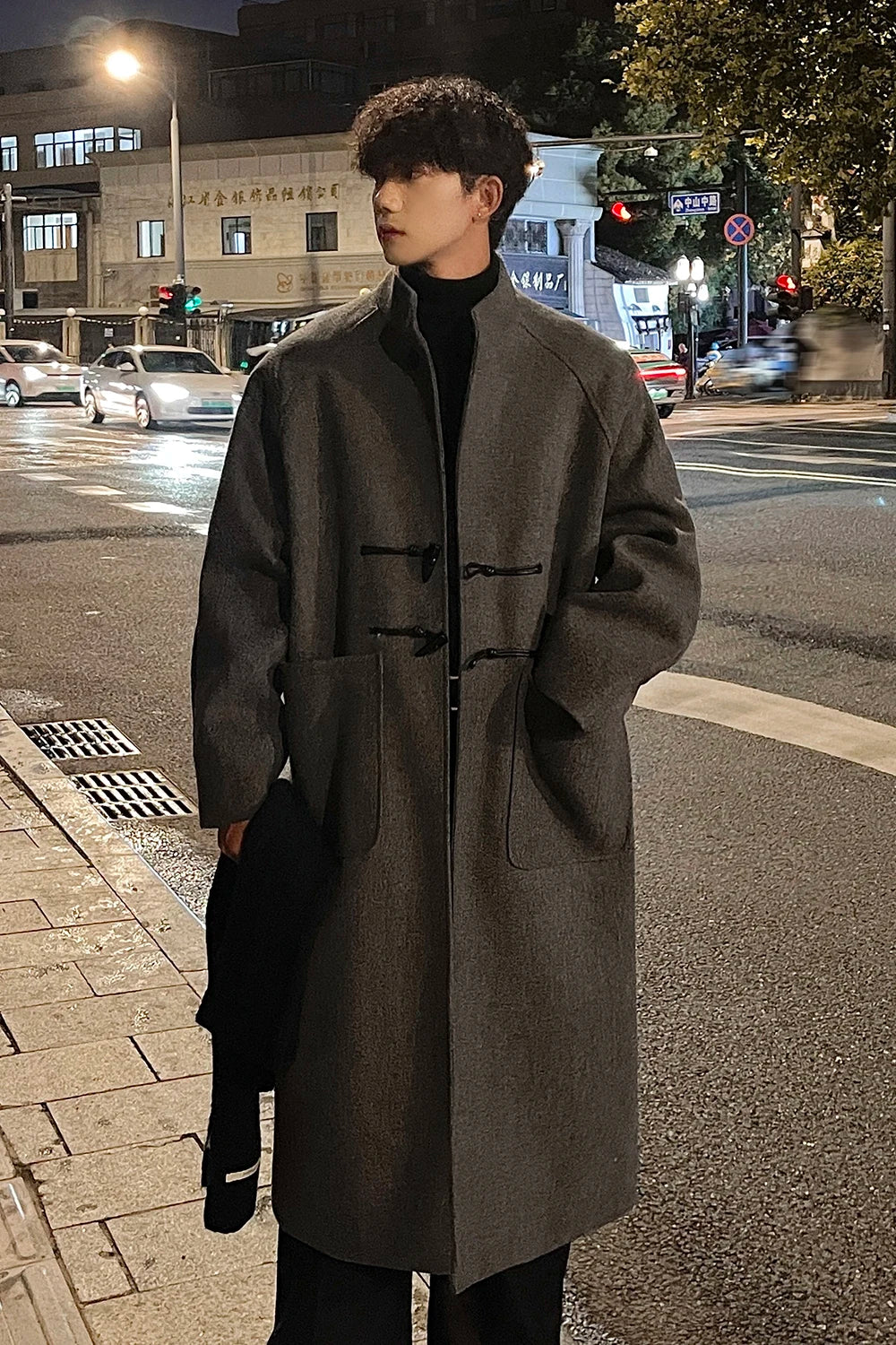 Threebooy Autumn Winter Men Horn Button Woolen Coat Mid Length Stand Collar Trench Coat Solid Color Big Pocket Overcoat Streetwear