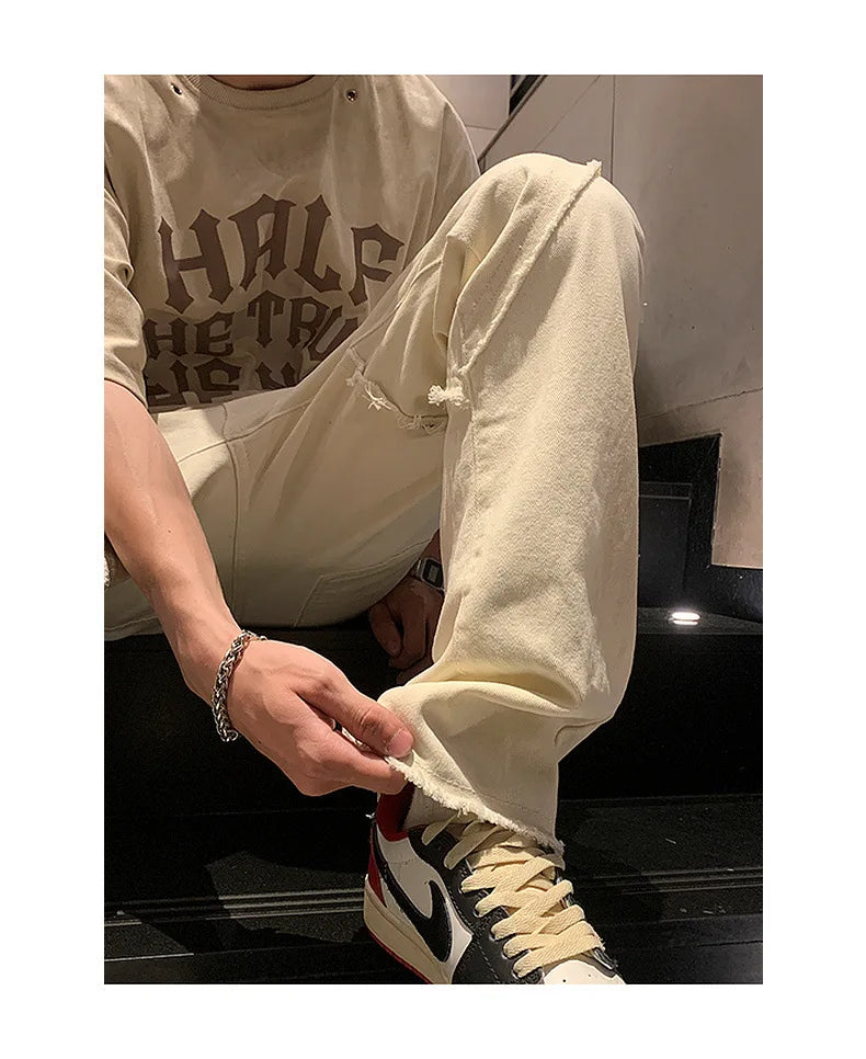 Threebooy New Spring Jeans Loose-fit Straight-leg Sporty Workwear Pants Hong Style Washing Jeans For Men