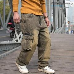 Threebooy Fashion Cargo Pants Men Casual Jeans Hiphop Trousers Straight Loose Baggy Streetwear Denm Large Size Retro Distressed Pocket