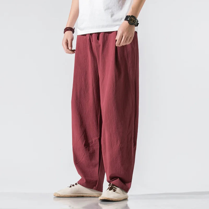 Threebooy   Men's Tang Suit Cotton and Linen Men's Loose Casual Straight Tube Cotton and Linen Casual Trousers Summer