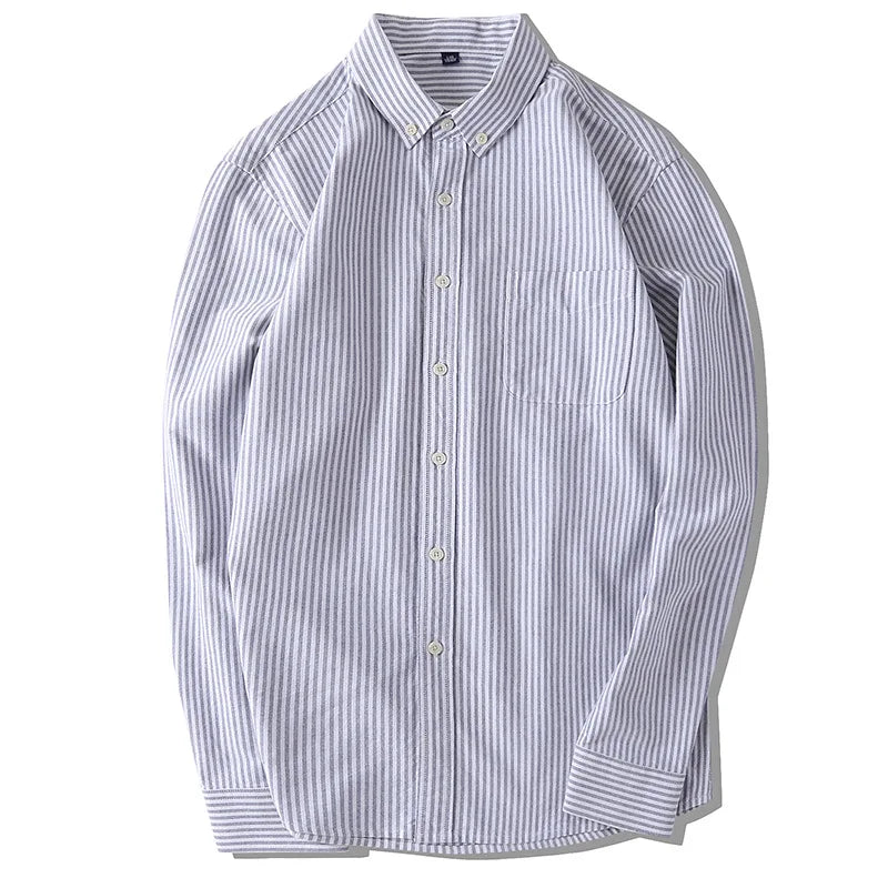 Threebooy  Spring Men Oxford Cotton Shirt Casual Loose Long Sleeve Button Down Shirt Man Simple Collar Stripe Shirt Tops High Quality