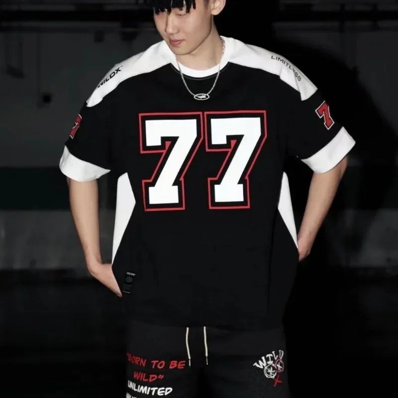 Threebooy  Spliced Short-sleeved Top American Retro Sports High Street Casual Rugby Uniform Basketball Hip-hop Jersey Aesthetic Oversize