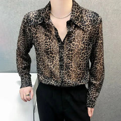 Threebooy Mens Sexy Leopard Print Mesh See-Through Ice Silk Shirt Autumn Genderless Fashion Youth Nightclub Breathable Hollow Top Unisex