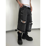 Threebooy Black Gray Washed and Destroyed Tassel High-End Jeans Loose Street Trendy Handmade Ripped Hip Hop Shorts Summer plus Size Pants