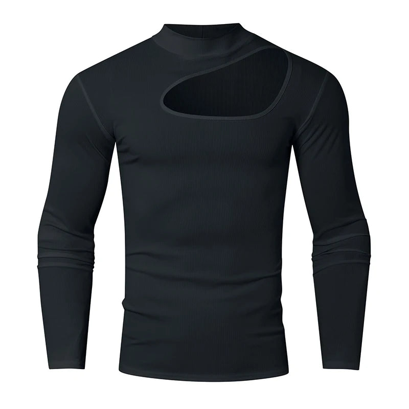 Threebooy  Autumn Clothing Men's Bodysuits Hollow Out Turtleneck Long Sleeve T Shirt Streetwear Sexy Solid Color Ripped Fashion Basic Shirt