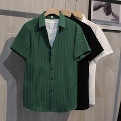 Threebooy Summer New Korean Version Trend Handsome Casual Short Sleeved Striped Shirt Men Solid Lapel Button Cool Breathable Versatile Top