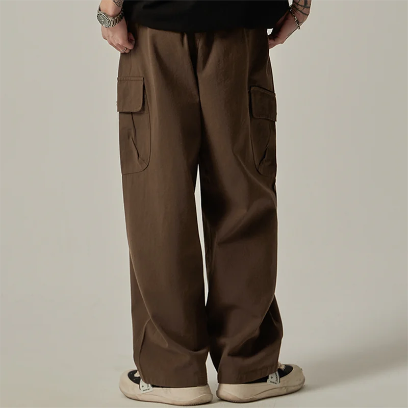 Threebooy Men's Sweatpants 2025 Spring Autumn Vintage Japanese Wide Leg Straight Loose Button Big Pockets Cargo Pants Drawstring Trousers