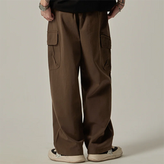 Threebooy Men's Sweatpants 2025 Spring Autumn Vintage Japanese Wide Leg Straight Loose Button Big Pockets Cargo Pants Drawstring Trousers