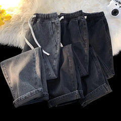 Threebooy  Autumn Jeans Men's Baggy Straight Drawstring Elastic Waist Personality Fashion Vintage Denim Trousers Streetwear 3XL