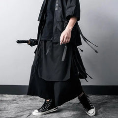 Threebooy Techwear Wide Leg Pants Punk Gothic Black Trousers Male Goth Cotton Linens Summer Japanese Style Streetwear Hip Hop