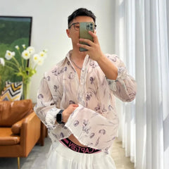 Threebooy Men Sheer Floral Shirt Fashion Sexy Mesh See-through Long Sleeve Shirts Summer Casual Blouse Neutral Thin Loose LGBT Clothing