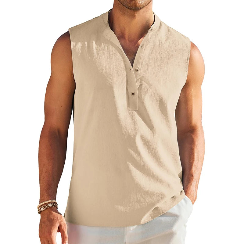 Threebooy  Men's Casual Hippie Style Collarless Henley Neck Tank Tops Streetwear Solid Color Loose Fit Tees Summer Clothing New T-shirt
