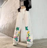 Threebooy Printed cartoon letter mopping pants high waist four seasons men jeans hiphop street loose casual straight wide leg trousers