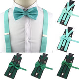 Threebooy Fashion Men Kids Turquoise Green Suspender Bowtie Sets Elastic Solid Color Y-back Straps Butterfly Father Son Shirt Accessory