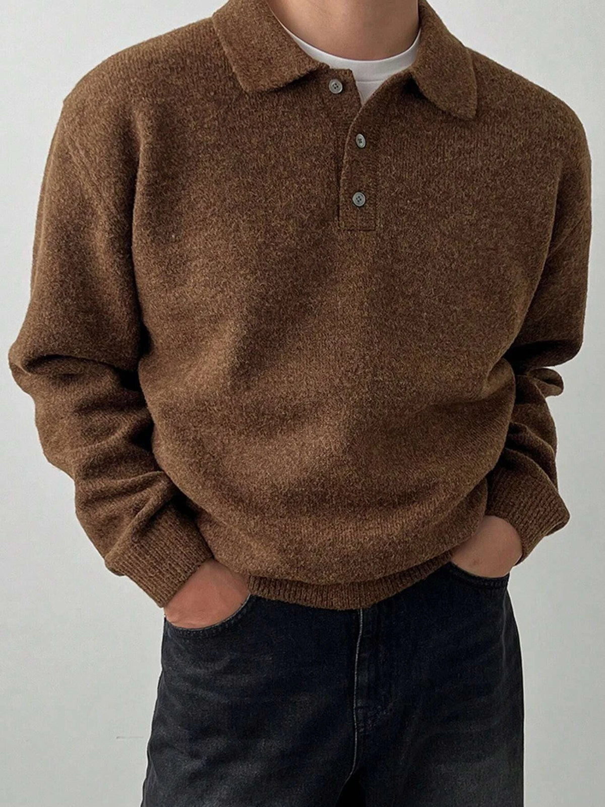 Threebooy  Fall Winter Men's Old Money Style Loungewear, LVLAEA Solid Color Lapel Button-Up, Loose Warm Long Sleeve Pullover Shirt