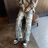 Threebooy Harajuku Muti-pockets Cargo Jeans Men's Washed Patchwork Straight Casual Trousers Couple Streetwear Loose Fashion Pants