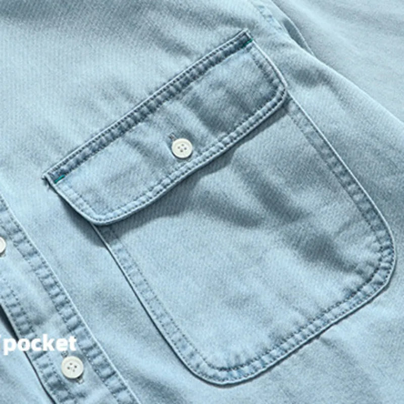 Threebooy  Spring And Autumn Men's Denim Long Sleeved Shirt With Double Pockets American Work Style Loose Fitting Washed Denim Shirt Jacket