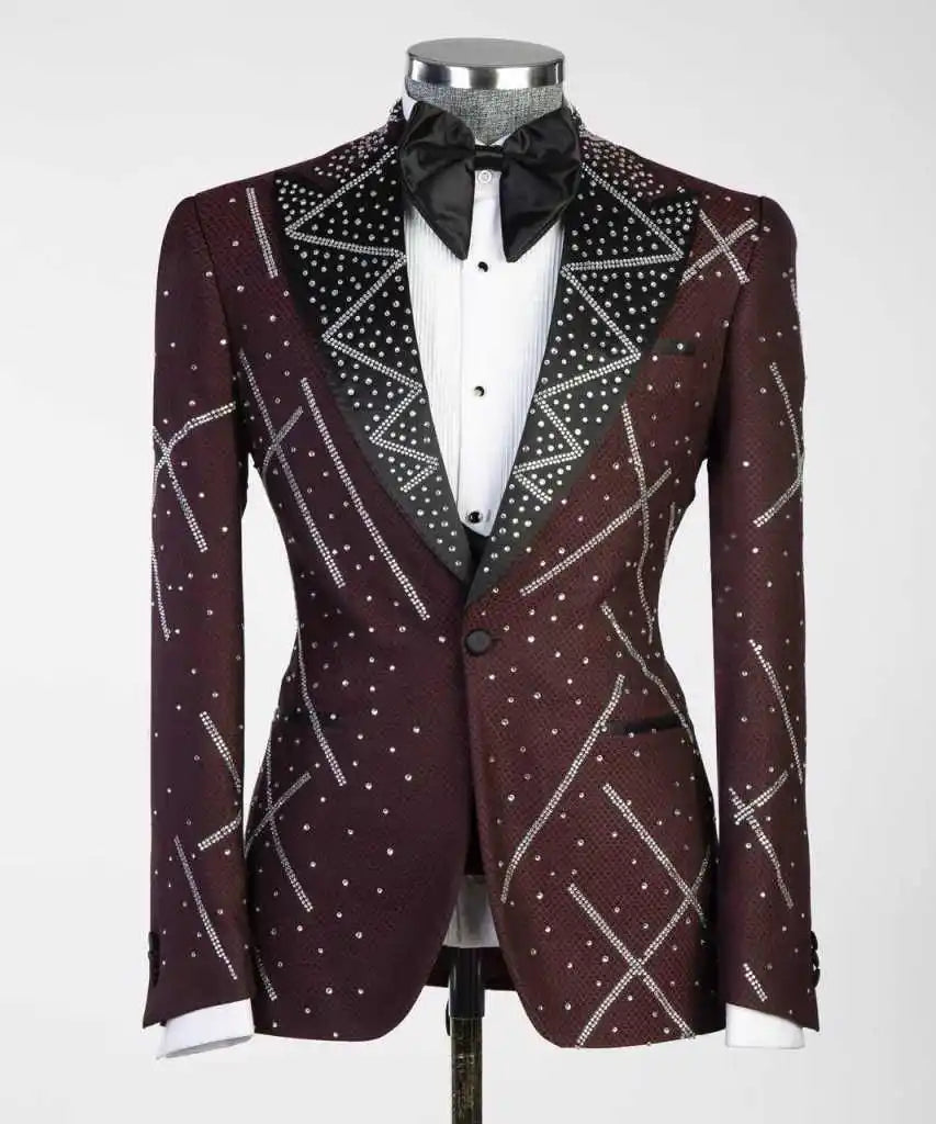 Threebooy  Modern Wedding Groom Tuxedo 2 Piece Blazer Pant Single Breasted Crystals Formal Occasions Party Banquet