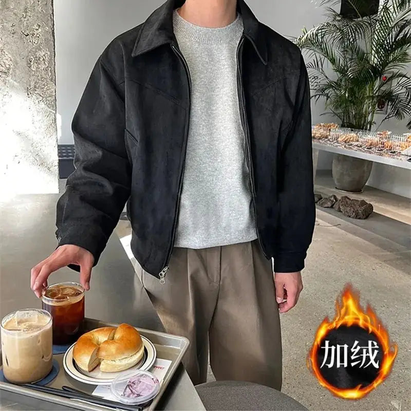 Threebooy Elegant Solid Brown Coat Men's Spring Autumn High-end Loose Lapel Plush Top Winter New Zipper Short Jacket Vintage Streetwear