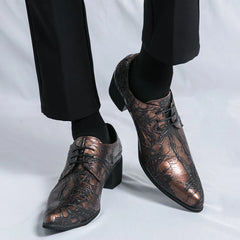 Threebooy  Men High Heeled Lace Up Derby Shoes PU Embossed Fashionable  Comfortable Business Formal Banquet Men Shoes