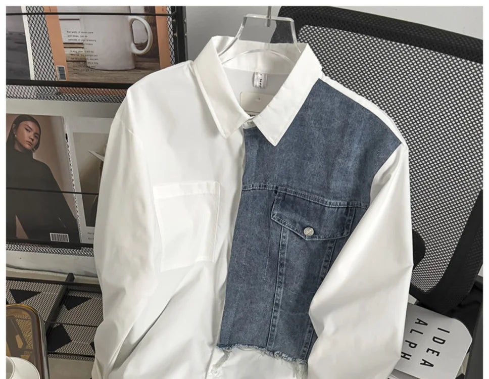 Threebooy Japanese High-end Denim Jacket Spliced Long-sleeved Shirt Men's Niche Design Sense High Street Couple Loose Casual White Shirt