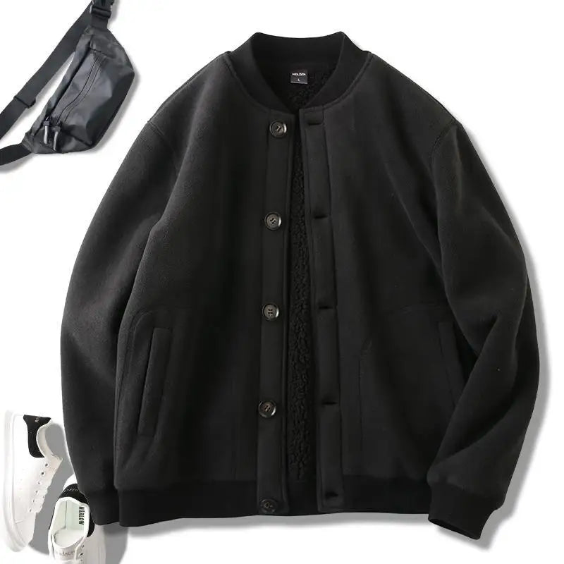 Threebooy Men's Jacket Autumn Winter Polar Fleece Stitching Double Layer Stand Collar Thickened Single-breasted Solid Color Jackets Tops