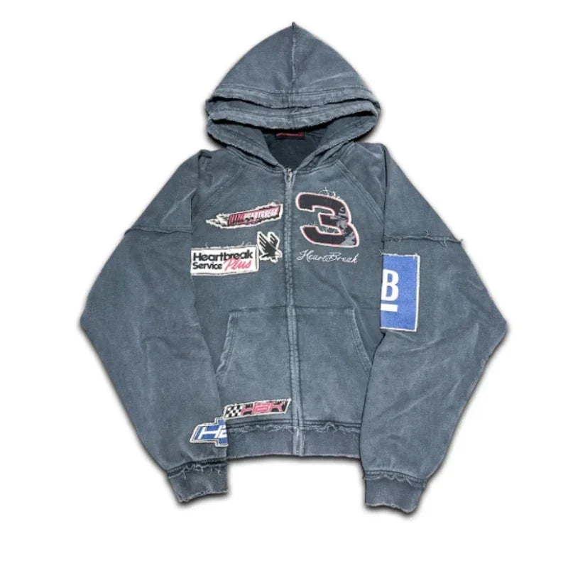 Threebooy Y2K Zip Up Hoodie Oversized Pattern Letter Patchwork New Sweatshirt Hoodie Men and Women Gothic Long Sleeved Hoodies Streetwear