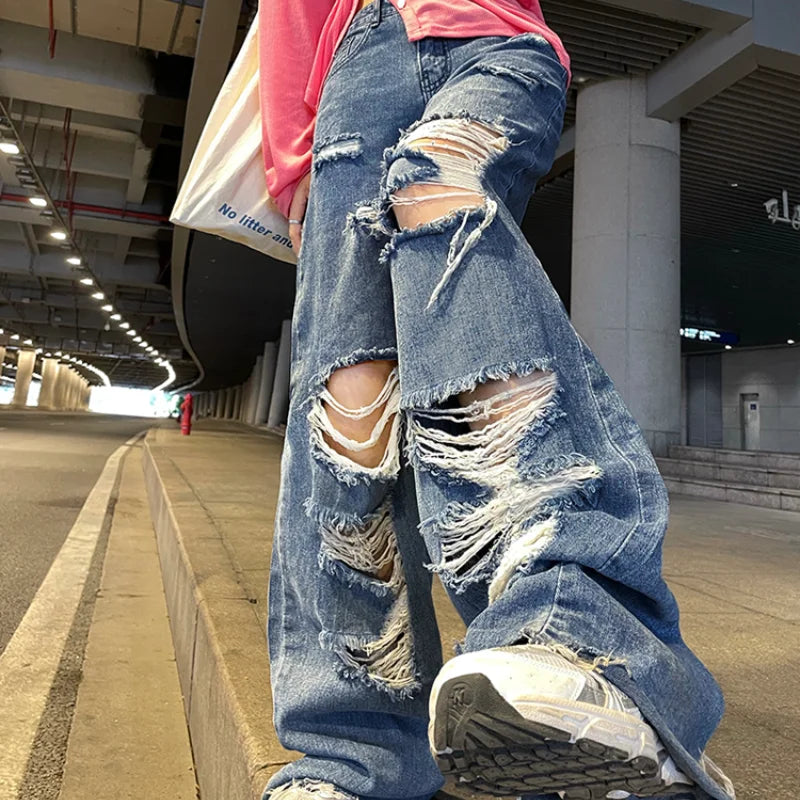 Threebooy American Style Broken Hole Old Jeans Loose Hundred New Pants Men's Streetwear Baggy Jeans  Y2k Jeans Ripped Jeans Men Pants