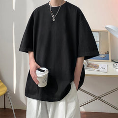 Threebooy  Summer Men's Heavy T Shirt Casual Solid Short Sleeve Basic Tee Women 100% Cotton 260gsm 9.17oz Oversized O Neck Hip-Hop Tops