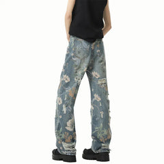 Threebooy  Distressed Straight Leg Jeans Ripped Hole Design Urban Streetwear Fashion Men Denim Pants Trendy Casual Edgy Hiphop Style