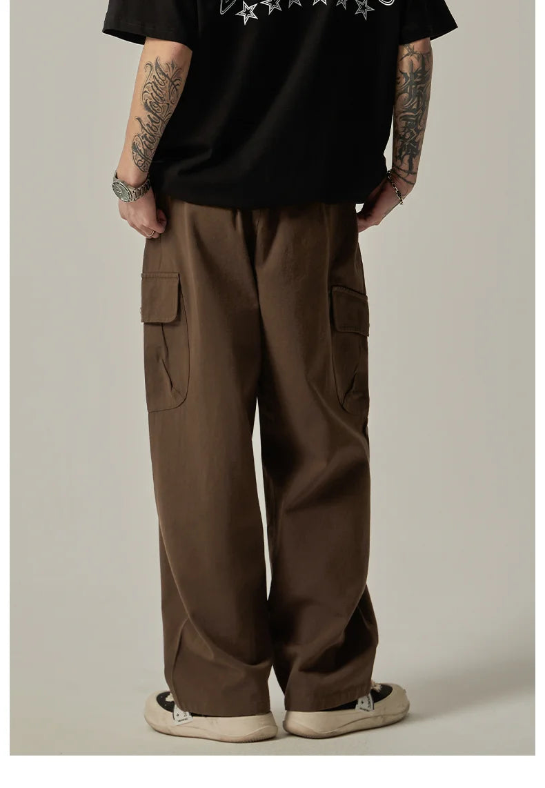 Threebooy Men's Sweatpants 2025 Spring Autumn Vintage Japanese Wide Leg Straight Loose Button Big Pockets Cargo Pants Drawstring Trousers