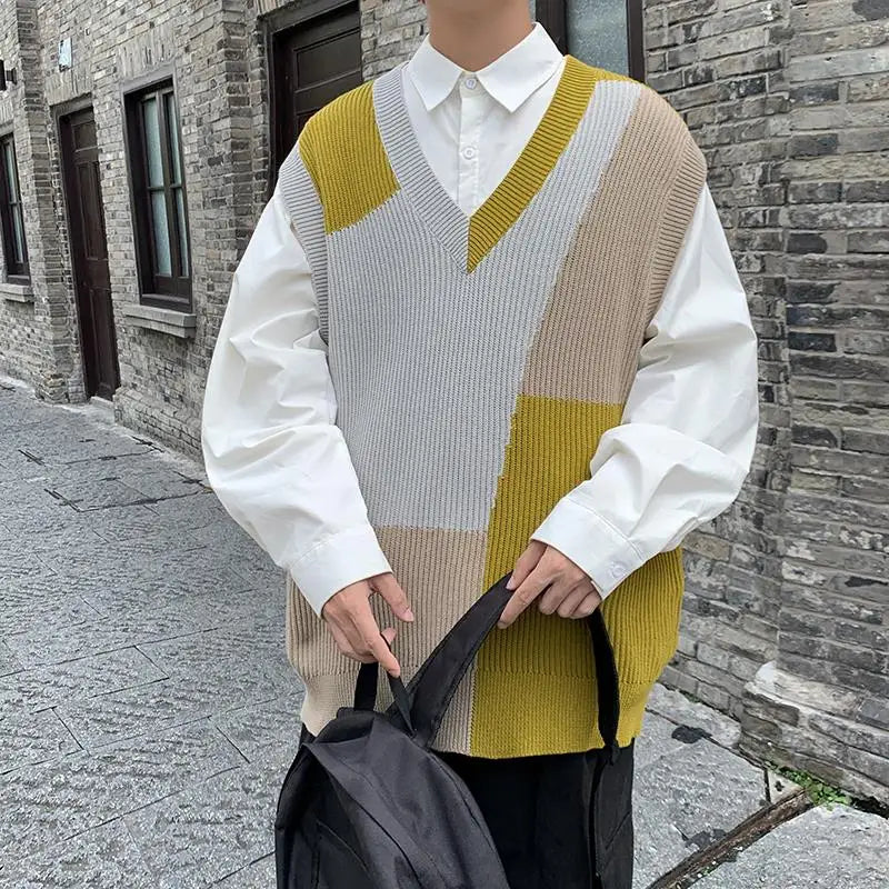 Threebooy Autumn New Sleeveless Knit Vest Geometric Pattern Pullovers Men's Cashmere Sweater Yellow Oversize Knitted Preppy Style Tops