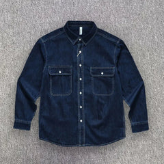Threebooy  Spring And Autumn Men's Denim Long Sleeved Shirt With Double Pockets American Work Style Loose Fitting Washed Denim Shirt Jacket