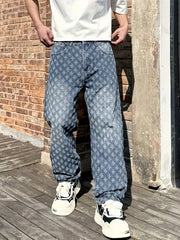 Threebooy  Vintage Blue Flared Jeans for Men, Autumn and Winter American High Street Vibe Pants, Versatile Straight-Leg Tapered Pants