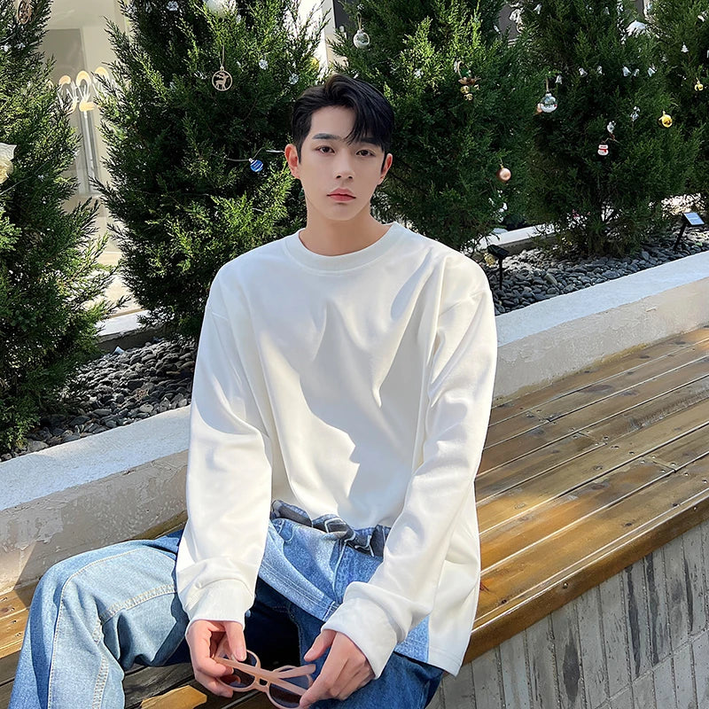 Threebooy Korean Street fashion Spring Casual Men Personality Jeans Print Long Sleeve T-shirts Sweatshirt Patchwork Loose Sweatshirts