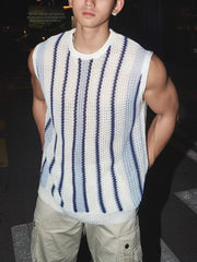 Threebooy  American Style Hard Man Hollow Knitted Vest Muscle Men's Mesh Perspective Loose Sleeveless T-shirt Stripe Mesh Vest Trendy