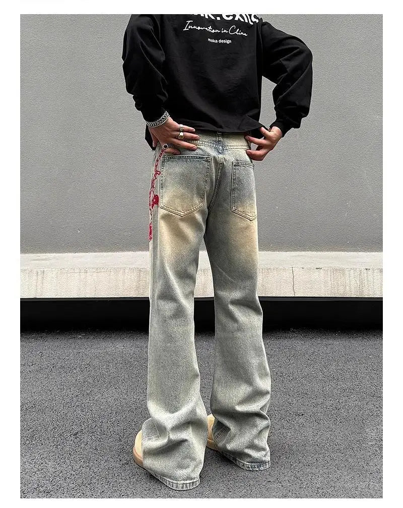 Threebooy American retro men and women trend personalized embroidered straight leg washed jeans couple spring and autumn casual pants y2k