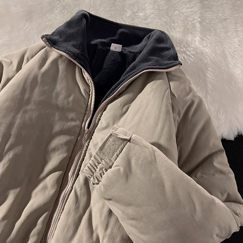 Threebooy Japan Standing Collar Padded Jacket Vintage Cityboy Men's Plush Parkas American Retro Hong Kong Style Winter Jacket Cargo Coat