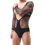 Threebooy Mens Sexy Mesh See-Through Fishnet Jumpsuit 2024 New Fashion Nightclub Youth Personality Home Hollow Breathable Jumpsuit For Men