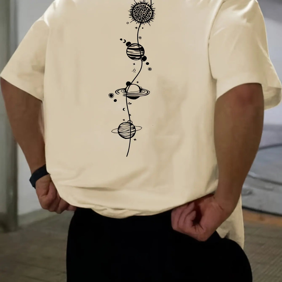 Threebooy  Men's 100% pure cotton summer loose size Planet Graphic Design print casual comfortable round neck short sleeved T-shirt top